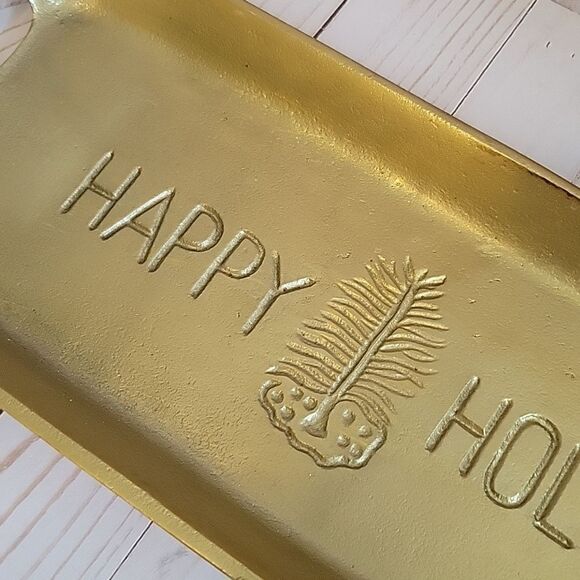HAPPY Holidays Goldtone Metal  Decor tray Heavy - Picture 2 of 5